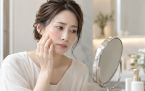 頬の赤みを気にして鏡を見る女性