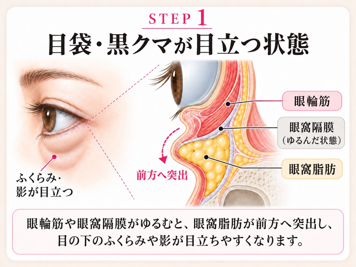 STEP1 目袋・黒クマが目立つ状態の模式図。眼輪筋や眼窩隔膜がゆるむと、眼窩脂肪が前方へ突出し、目の下のふくらみや影が目立ちやすくなります。