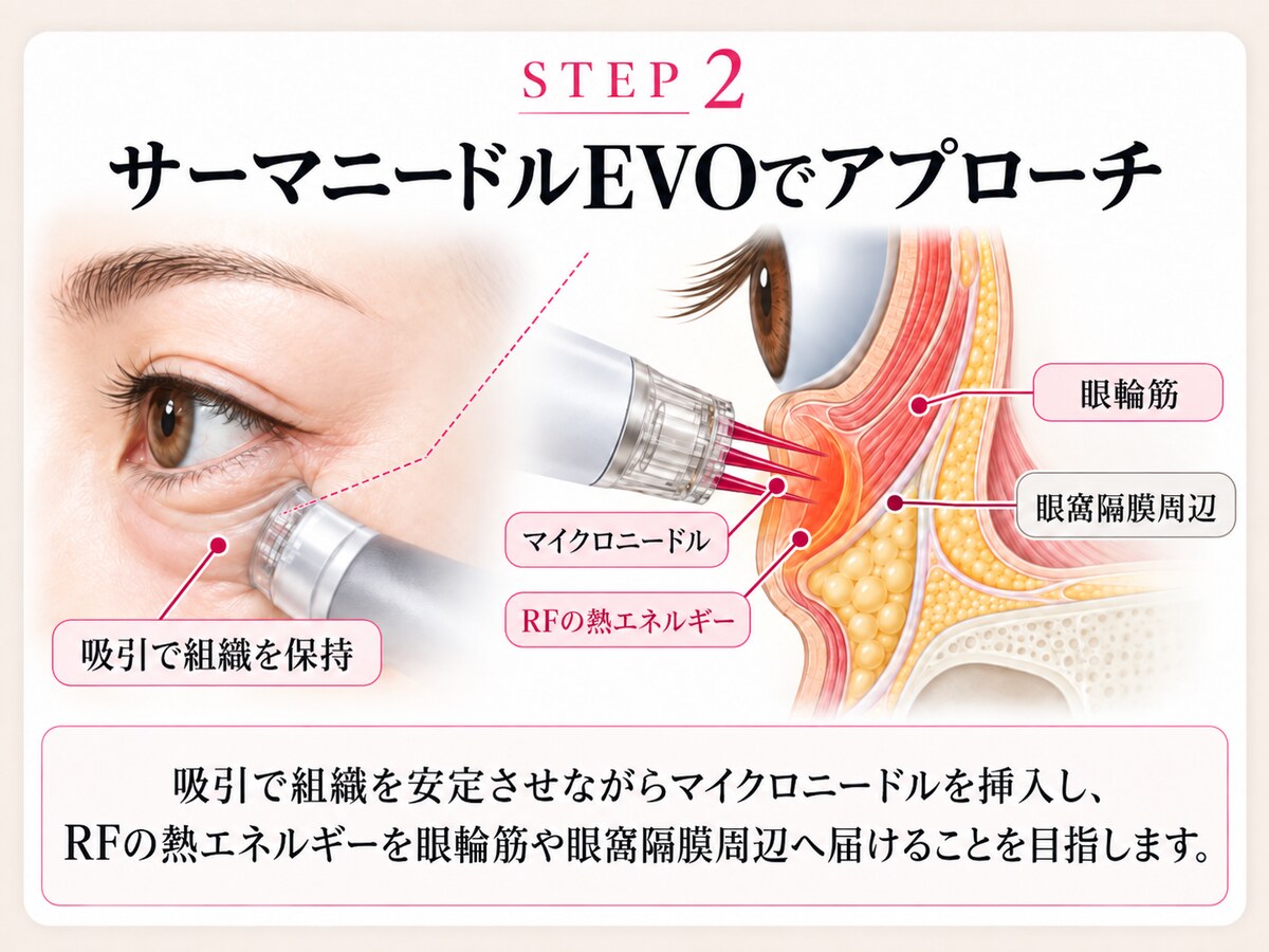 STEP2 サーマニードルEVOでのアプローチの模式図。吸引で組織を安定させながらマイクロニードルを挿入し、RFの熱エネルギーを眼輪筋や眼窩隔膜周辺へ届けることを目指します。