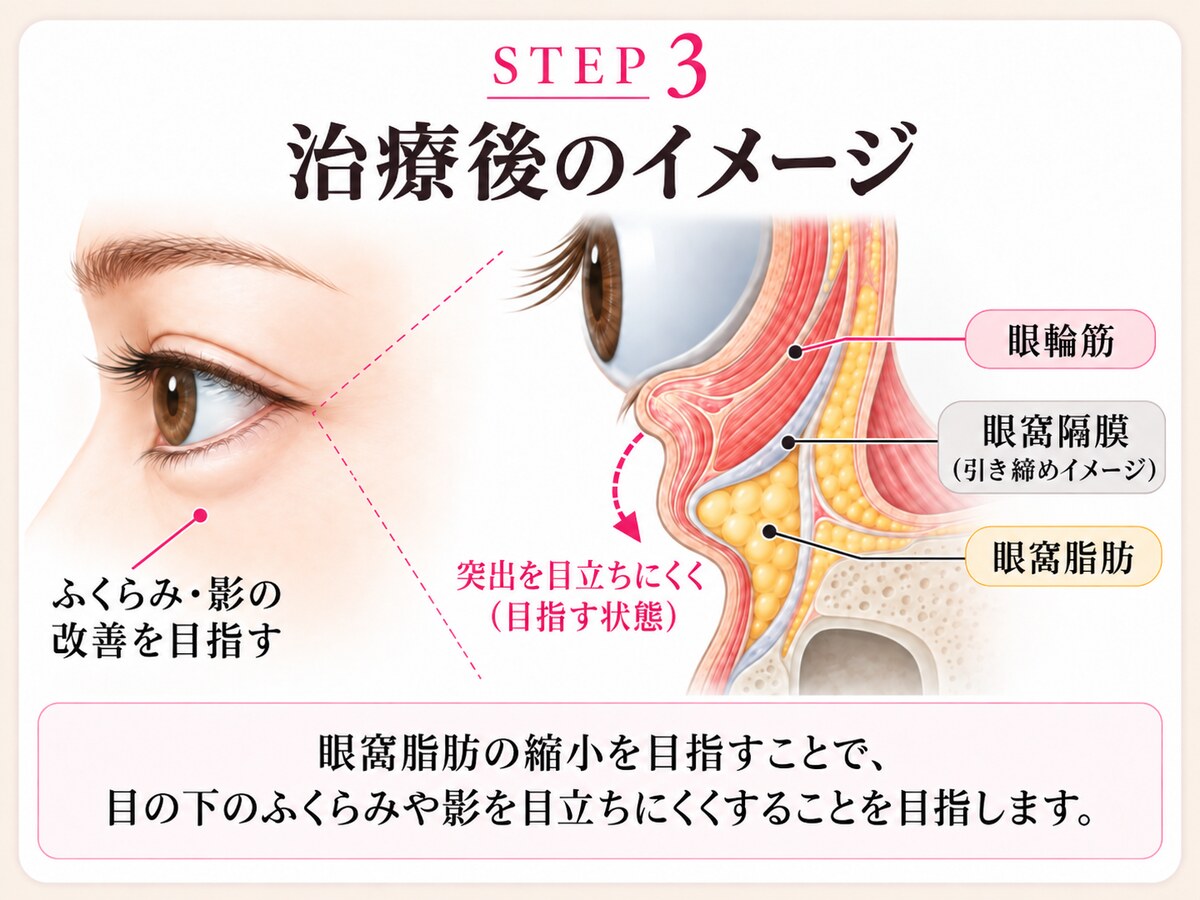 STEP3 治療後のイメージの模式図。眼窩脂肪の縮小を目指すことで、目の下のふくらみや影を目立ちにくくすることを目指します。